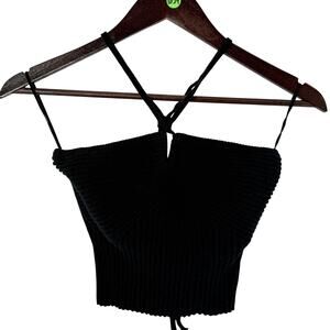 American Eagle Black Ribbed Knit Halter Top Cropped Strappy Size Medium